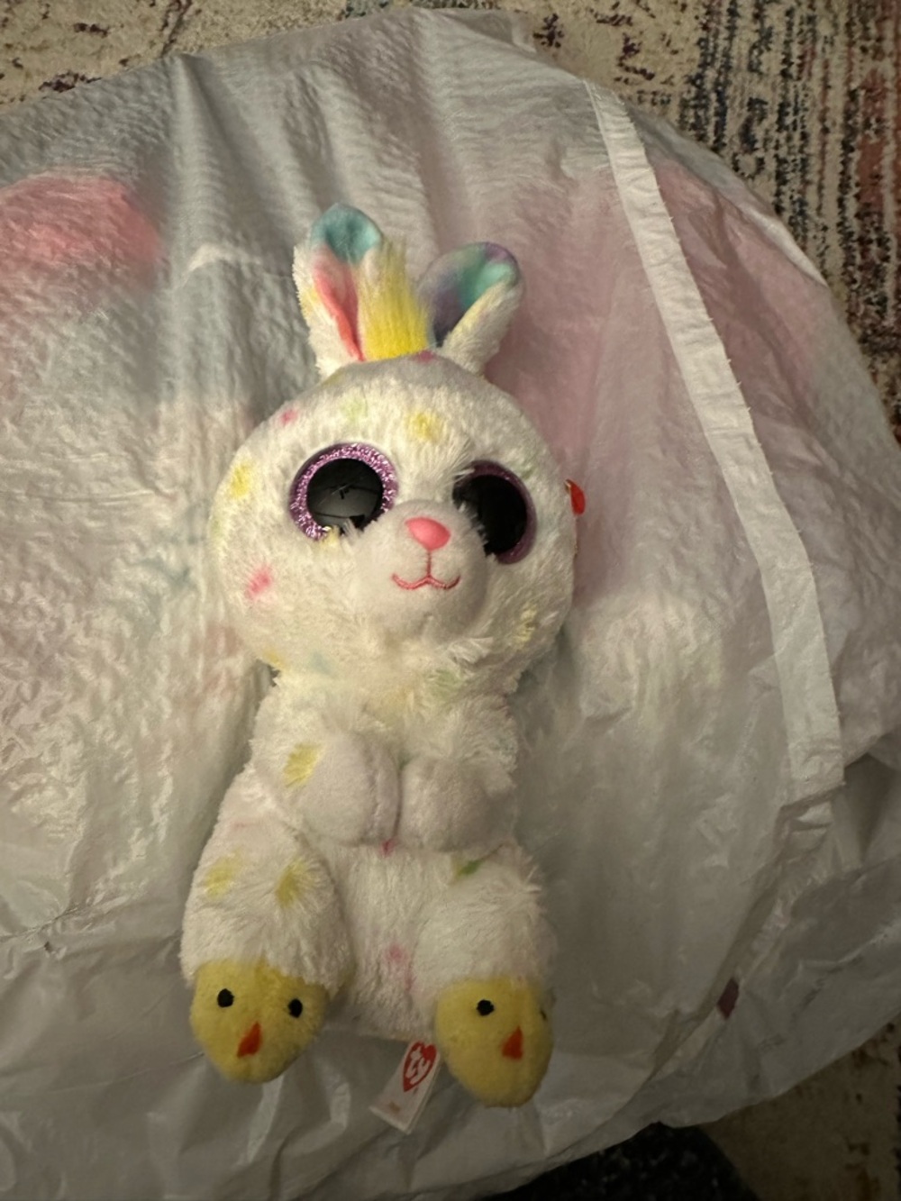 Ty Plush White Bunny with Rainbow Ears and Yellow Feet